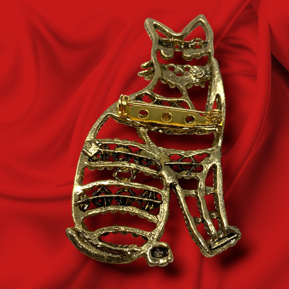 Vintage Modernist Sitting Cat Outline Brooch Pin Gold Tone Chains Gift Box - Picture 2 of 4